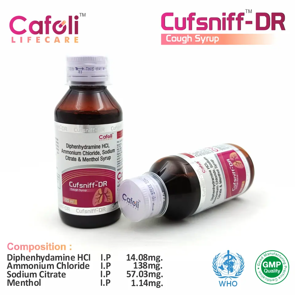 Diphenhydramine + Ammonium Syrup at the best price in PCD Pharma Franchise for Antihistamine, Expectorant, Cough, and Cold Relief.